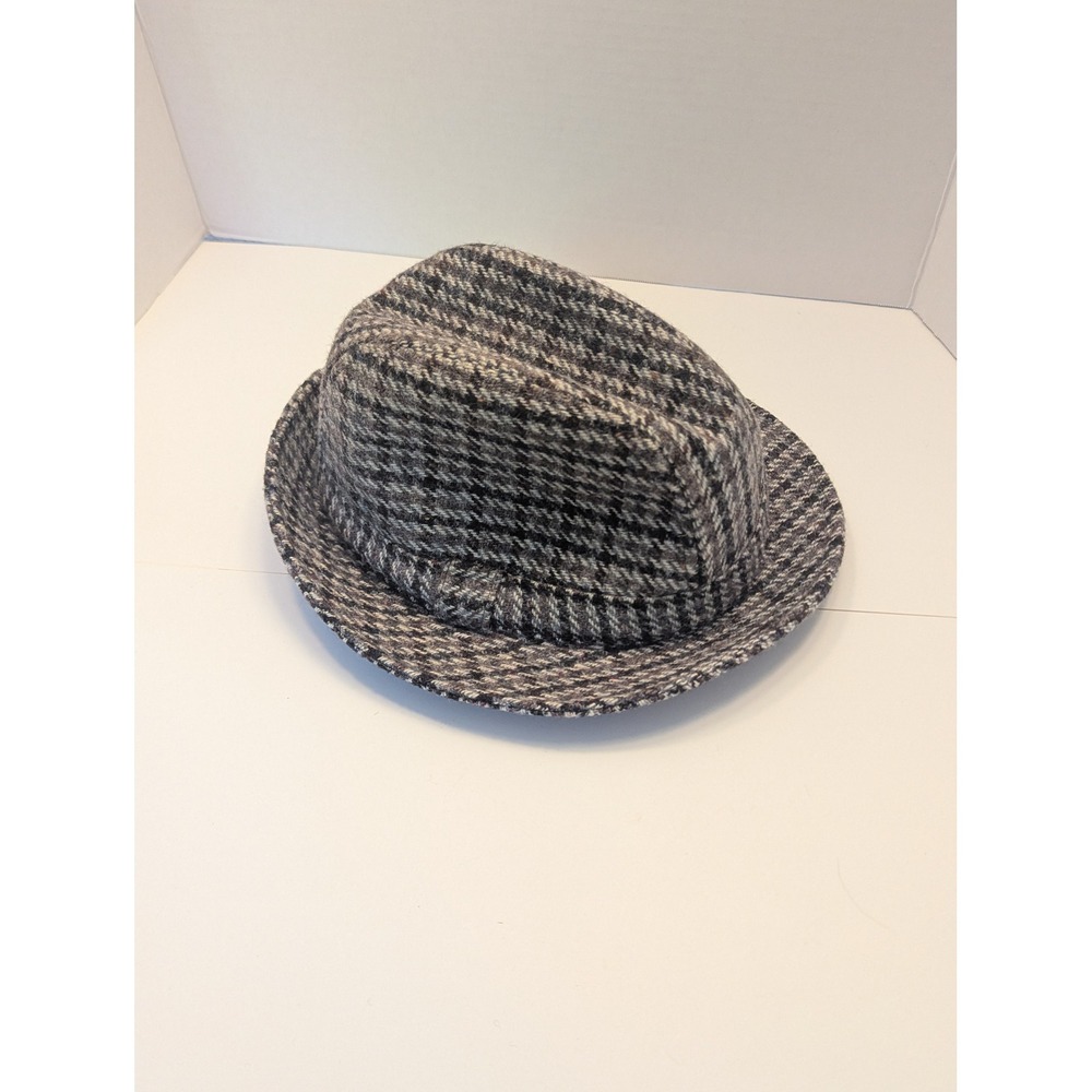 Vtg Donegal Tweed Fedora Hat Grey Houndstooth New Wool Woven in Ireland Sz 7 1/2